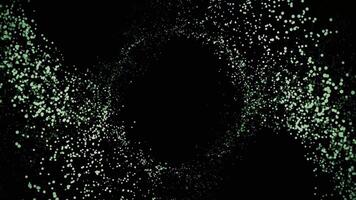 Abstract, green glitter swirl of particles formed in big circle. Space star dust flying and forming a ring on black background. video