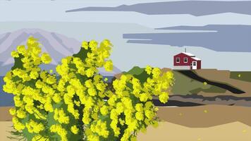 Cartoon animation of branches of mimosas in bloom, silhouettes of red house and high mountain in clouds on the background, abstract art concept. Mimosa bush swaying in the wind. video