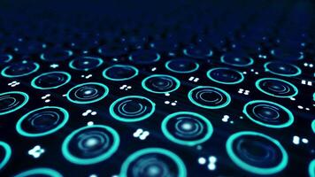 Abstract, colourful, blue circles and floating dots, seamless loop. Close up for abstract electronic scheme with rotating neon circles, dark blue background. video