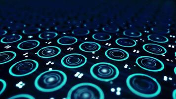 Abstract, colourful, blue circles and floating dots, seamless loop. Close up for abstract electronic scheme with rotating neon circles, dark blue background. video