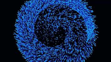 blu astratto luccichio pista volante nel un' spirale su nero sfondo, senza soluzione di continuità ciclo continuo. bellissimo cometa coda fabbricazione cerchi infinitamente. video