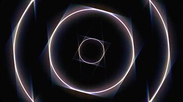 Abstract neon background with white glowing circle frames widen on black background, seamless loop. Animation. Neon luminous swirling lines fast movement, monochrome. video