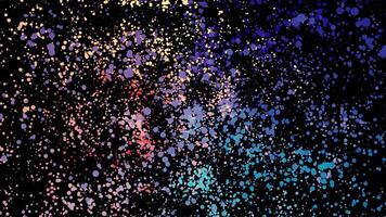 Many blue, yellow, red, lilac rotating particles in space on black background. Animation. Colorful cloud of small circles spinning, seamless loop. video