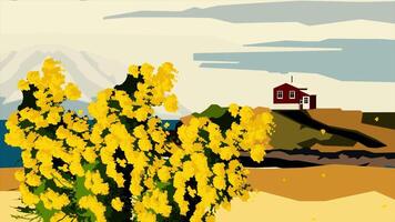 Cartoon animation of branches of mimosas in bloom, silhouettes of red house and high mountain in clouds on the background, abstract art concept. Mimosa bush swaying in the wind. video