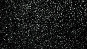 White powder with small particles exploding isolated on black background. Stock footage. White dry inks dust flying into the sides in the dark. video