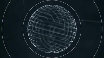 Digital, grau transparent Kugel mit klein ziehen um Punkte auf es ist Oberfläche rotierend nad Empfang Signale auf schwarz Hintergrund. abstrakt Spinnen Kugel bestehend aus von klein Partikel und Klang Wellen. video