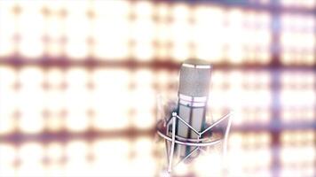 Microphone on stage with bright, golden, blurred spotlights on background. Abstract silver mic standing in front of bright lights. video