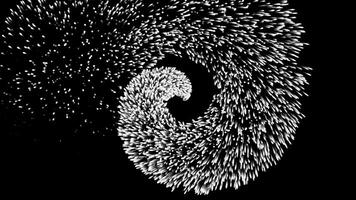 Monochrome abstract sparkles trail on black background. Black and white abstruction of a comet tail moving backwards in a spiral and forming a circle. video