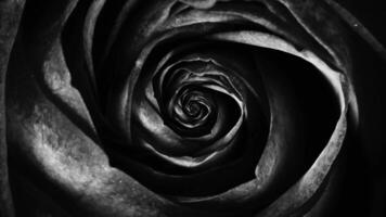 astratto di nero morbido rosa petali, rotante fiore, senza soluzione di continuità ciclo continuo. superiore Visualizza di bocciolo di rosa Filatura ipnoticamente. video