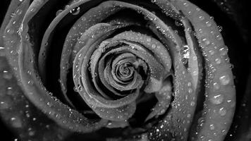 Top view of a beautiful abstract black rose rotating, seamless loop. Close up for spinning rosebud with water drops. video