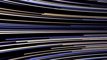 Colorful flashing neon lines in many horizontal bended rows flowing fast on black background, seamless loop. Animation. Parallel light rays moving endlessly. video