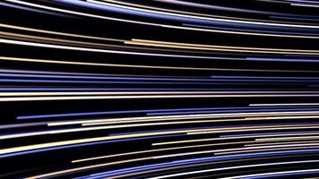 Colorful flashing neon lines in many horizontal bended rows flowing fast on black background, seamless loop. Animation. Parallel light rays moving endlessly. video