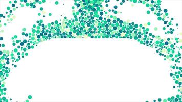 Many small green and turquoise balls falling down and gathering around the white rectangle. Animation. Beautiful round bubbles falling on white background. video