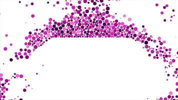 Many small pink and purple balls falling down and gathering around the white rectangle. Animation. Beautiful round bubbles falling on white background. video