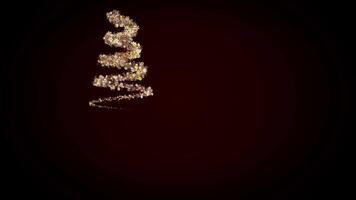 golden Beleuchtung spiralförmig zu das bilden von ein abstrakt Weihnachten Baum mit Kinder Spielzeuge und Girlande von Schneeflocken. Animation. rotierend Neu Jahr Fichte auf schwarz Hintergrund. video