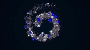Abstract rotating spiral of snowflakes and blue Christmas tree toys on black background, seamless loop. Animation. Winter holidays, New Year wreath glowing spiral. video