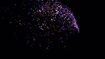 Flying comet with a tail of glittering star dust particles on a black background, seamless loop. Animation. Space body moving and leaving colorful trace behind it. video