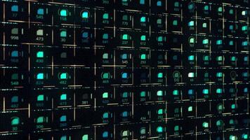 Digital display with green rows of small same size microchips with numbers and moving lines on black background, seamless loop. Animation. Electricity and information concept. video