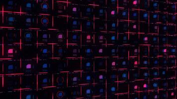futuristico sfondo di segnali in movimento attraverso blu e rosso circuito tavola. animazione. circuito tavola con razzi, tecnologia e digitale dispositivi concetto. video