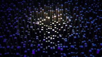 Many abstract rectangular blocks, optical Illusion, modern computer generated 3D backdrop. Animation. Many blue growing volume figures on black background. video