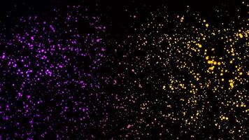 Many purple and yellow glittering particles in space flying upwards on black background. Animation. Computer generated abstract background with moving colorful dots. video