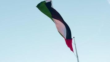 unido árabe emiratos bandera ondulación en el viento. acción. bandera en contra azul cielo. video