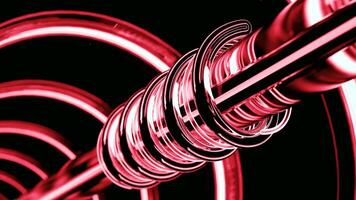 Spinning red tube around pipe with radial tubes behind. Design. Abstract working mechanism. video