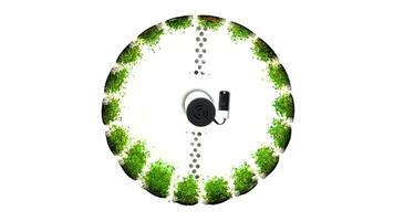 abstrato fiação circular objeto com verde Relva crescendo ao longo Está perímetro. meios de comunicação. caixas com verde vegetação rotativo em branco fundo. video