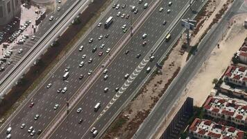 Aerial view of busy highway with traffic in the rush hour. Action. Multi lane road with many cars driving fast. video