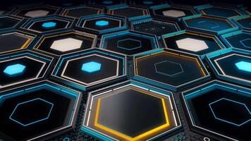 tecnológica padronizar com muitos geométrico hexágono quadros do azul e amarelo cores em Preto fundo, desatado laço. animação. fechar acima do futurista superfície com hexágonos. video