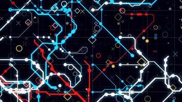 abstract futuristische elektronisch stroomkring bord met elektrisch signalen vloeiende in elektrisch geleiders pcb. animatie. neurale netwerk en groot gegevens, kunstmatig intelligentie, Matrix concept, naadloos video