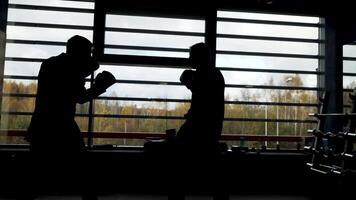 deux Masculin boxeurs formation dans le foncé Gym près le fenêtre avec lumière du jour. Stock images. côté vue de deux combattants, actif mode de vie et sport concept. video