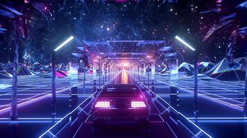 Abstract futuristic car driving on a road among street lamps and palm trees, landscape in neon colorful lights. Stock animation. Rear view of moving vehicle on endless galaxy background. video