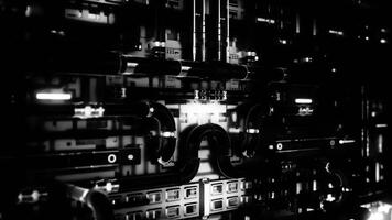 Abstract industrial background with black curved pipes and white light lamps, seamless loop. Animation. Moving slowly along the different parts of a machine. video