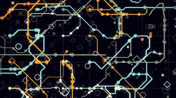 abstract futuristische elektronisch stroomkring bord met elektrisch signalen vloeiende in elektrisch geleiders pcb. animatie. neurale netwerk en groot gegevens, kunstmatig intelligentie, Matrix concept, naadloos video