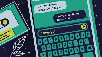 Close up of an abstract smartphone screen and chatting process, typing message I love you. Stock animation. Concept of hesitation, love, and exit from friend zone concept. video