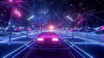 Abstract landscape of the futuristic neon city and the road with moving car. Stock animation. Cyberpunk theme, beautiful retro car driving along pyramids, seamless loop. video