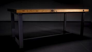 Wooden table on black background. Stock footage. Close up of wooden table with black iron legs standing in the empty room in the dark that changes by the light. video