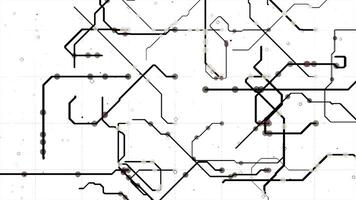 elétrico esquema o circuito com brilhante abstrato sinais fluindo para dentro diferente instruções em branco fundo. animação. neural rede e grande dados, artificial inteligência, matriz conceito, desatado video