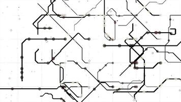 elektrisch regeling stroomkring met helder abstract signalen vloeiende in verschillend routebeschrijving Aan wit achtergrond. animatie. neurale netwerk en groot gegevens, kunstmatig intelligentie, Matrix concept, naadloos video