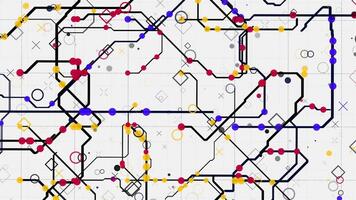 Electric scheme circuit with bright abstract signals flowing into different directions on white background. Animation. Neural network and big data, artificial intelligence, matrix concept, seamless video