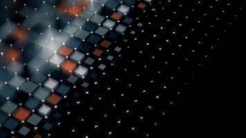 viele verschwommen Quadrate erscheinen im viele Reihen auf schwarz Hintergrund. Animation. abstrakt glühend defokussiert Quadrate mit Weiß klein Kreuze zwischen ihnen. video