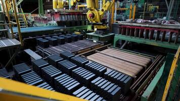 brut céramique blocs étant transporté automatiquement par professionnel machinerie à le fabrication plante. Stock images. Lignes de céramique blocs sur une convoyeur ceinture à le usine. video