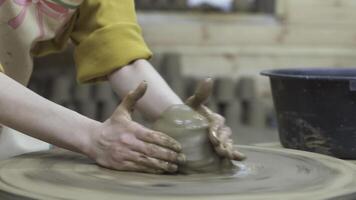 maestro classe su modellismo di argilla su un' vasaio ruota nel il ceramica officina. azione filmato. vicino su di donna mani la creazione di qualcosa a partire dal il argilla. video