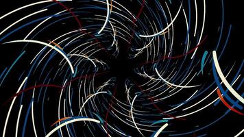 Abstract flight in futuristic corridor with many bended colorful lines that forming a pattern of a snowflake, seamless loop. Animation. Bright curved lines, geometric endless tunnel. video