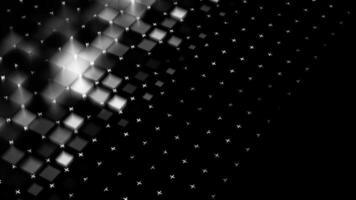 Many blurred white squares appear in many rows on black background. Animation. Abstract monochrome glowing defocused squares with white small crosses between them. video