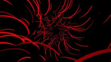 Abstract flight of colored lines on a black background that rotate and form a tunnel. Animation. Beautiful abstraction of glowing red lines moving on a circular trajectory, seamless loop. video