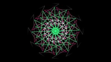 Hypnotic rotating pattern of colored geometric lines. Stock animation. Colorful pattern of curved lines creates kaleidoscope effect on black background video