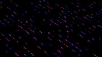 Abstract pink, red, and blue short lines moving diagonally on black background. Animation. Colorful narrow dashes moving towards each other, seamless loop. video