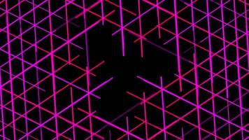 A hypnotic grid spinning on black background. Animation. Abstract colorful pink crossed lines with a space in the center of the screen rotating and forming triangles, seamless loop. video